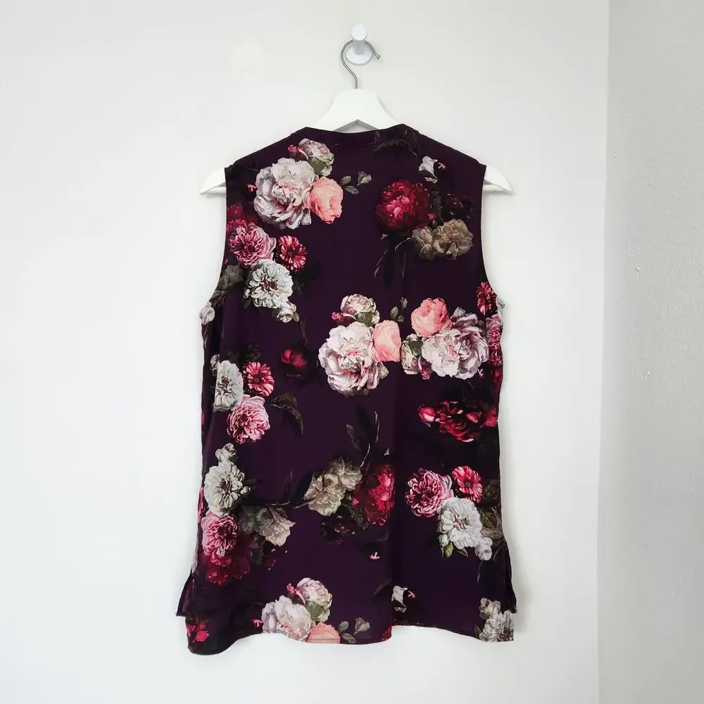 Calvin Klein Purple Rose Floral Sleeveless Keyhole Shell Career Blouse Top M